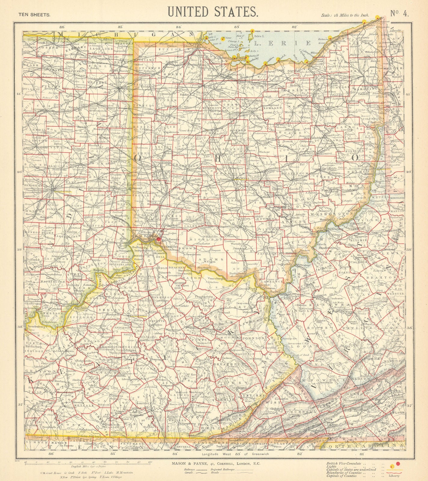 USA. Ohio with parts of Kentucky, Virginia & Indiana. Railroads. LETTS 1892 map